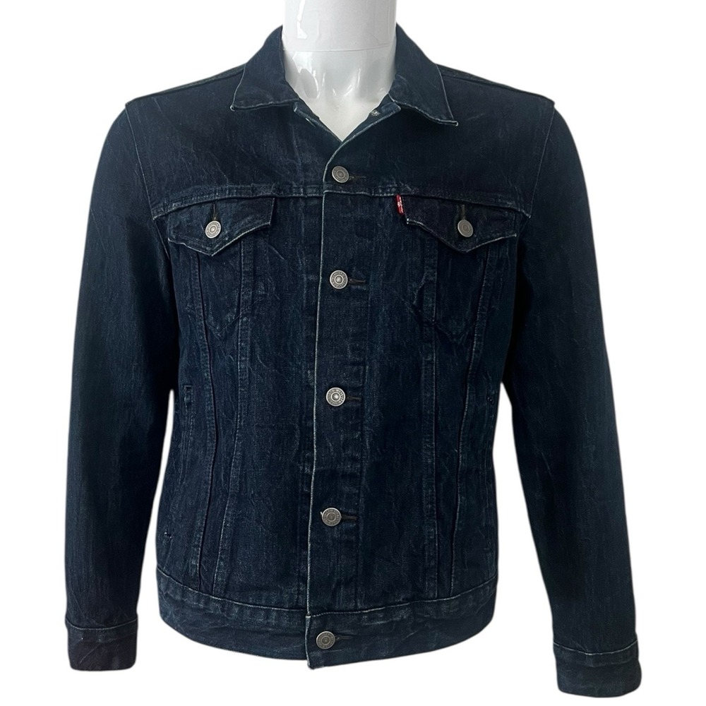 Levi Strauss Co Mens Trucker Jacket Dark Wash Denim Button‎ Front Size Small